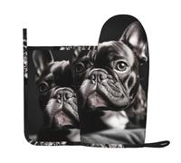 Ensemble de gants de cuisine et maniques imprimés bouledogue français, résistants à la chaleur, gants de cuisine extra longs antidérapants en silicone pour la cuisine, la pâtisserie, le barbecue