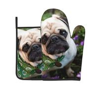 Ensemble de gants de cuisine et maniques imprimés carlins dans le jardin, résistants à la chaleur et antidérapants pour la cuisson