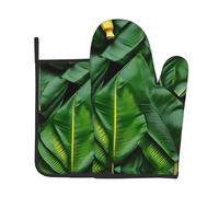 Ensemble de gants de cuisine et maniques imprimés feuilles de bananier avec boucle de suspension pour cuisine, four, micro-ondes, barbecue