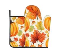 Ensemble de gants de cuisine et maniques sur le thème de la citrouille et de la feuille d'érable de Thanksgiving résistant à la chaleur - Idéal pour la pâtisserie, la cuisine et le barbecue