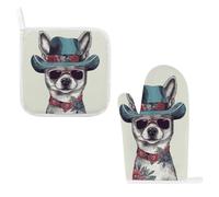Ensemble de gants de cuisine pour chien Chihuahua portant un chapeau, des gants de cuisine et des maniques résistants à l'eau, gants isolants antidérapants, tapis de casserole carré avec boucle de