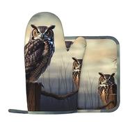 Ensemble de gants de cuisine résistants à la chaleur antidérapants en forme de hibou assis sur une clôture - Pour cuisine, pâtisserie, barbecue