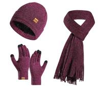 Ensemble de gants doux pour femme avec bonnet, écharpe, gants coupe-vent, Rouge prune, taille unique