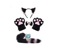 Ensemble de gants et oreilles de chat en peluche avec bandeau, queue (noir)