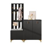 Ensemble de garde-robe avec banc à chaussures et crochets dorés, noir | Garde-robe avec 2 tiroirs, portes et push-to-open pour couloir, entrée, entrée 60 cm