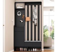 Ensemble de garde-robe de couloir noir - Penderie moderne avec banc, panneau perforé, 4 crochets - Garde-robe compacte multifonction 6 en 1 pour entrée - Armoire à chaussures de couloir 180 x 100 x 35