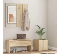 Ensemble de garde-robe en chêne Sonoma avec miroir, banc de couloir, tiroir | Banc de couloir avec tiroir, porte-manteau avec miroir, cache-pot inclus, charge maximale de 110 kg par siège