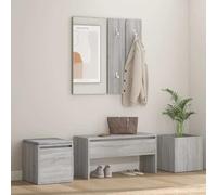 Ensemble de garde-robe gris Sonoma en bois avec miroir et jardinière | Banc de couloir avec tiroir, boîte de rangement, porte-vêtements, miroir, jardinière, stable et résistant à l'humidité