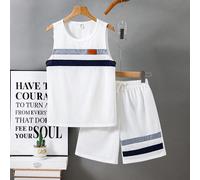 Ensemble de gilet à col rond blanc et short blanc pour enfants et préadolescents, style sport décontracté, motifs et surpiqûres multicolores. Convient pour les tenues d'enfants, les vêtements de garço