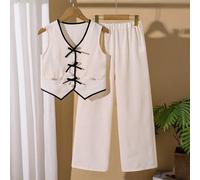 Ensemble de gilet et pantalon casual pour filles, top sans manches à col en V de base assorti à un jean droit ample. Convient pour la plage, les vacances, les fêtes décontractées et les jours fériés a