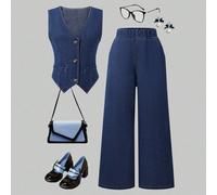 Ensemble de gilet et pantalon décontracté pour filles, débardeur basique col V sans manches avec jean droit ample, convient pour la plage, les vacances, les fêtes décontractées et les jours fériés au