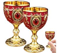 Ensemble de gobelet à vin de 2 verres à vin luxueux et vintage 30 ml gobelet en alliage avec strass européens polis sculptés pour la fête, manger, banquet, or + redgoblet