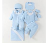 Ensemble de grenouillère et body bleu clair pour bébé garçon avec manches longues, chapeau, bavoir, gants et couverture - Boîte cadeau combinée 6-9M,0-1M,1-3M,3-6MBlocs de couleur,UnicoloreÉtoffe,Tiss