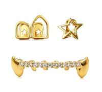Ensemble de Grillz à Étoile Creuse et Canines de Vampire, Capuchons Dentaires Plaqués or 18K Avec Zircone Cubique, Accessoire de Cosplay Hip-hop Unisexe(Gold)