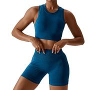 Ensemble de gym 2 pièces sans manches soutien-gorge de sport crop top + legging taille haute / short d'entraînement yoga fitness tenue, Short bleu foncé, S