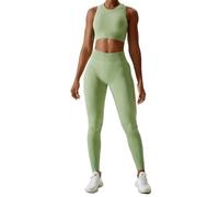 Ensemble de gym 2 pièces sans manches soutien-gorge de sport crop top + legging taille haute / short d'entraînement yoga fitness tenue, Legging vert, M