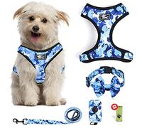 Ensemble de harnais pour chien anti-traction, gilet réfléchissant pour animal domestique avec poignée de contrôle facile, harnais avec nœud papillon, laisse avec support de sac à déjections canines pour chiot de petite taille, camouflage bleu de taille moyenne