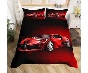 Ensemble de housse de couette imprimé voiture de sport Ensemble de literie de voiture de course rouge 140x200cm Enfants Garçons Filles Literie sur le thème du sport extrême Cool Speed Luxury Car