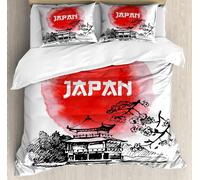 Ensemble De Housse De Couette Japon, Architecture Traditionnelle De Style Croquis Et Aquarelle Avec ¿¿L¿¿Ments De La Nature, Ensemble De Literie D¿¿Coratif Pi¿¿Ces Avec Taies D'oreil