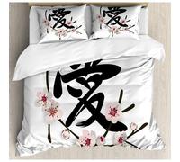 Ensemble De Housse De Couette Kanji, Illustration Du Mot D'amour Chinois Avec Fleur De Cerisier, Ensemble De Literie Pi¿¿Ces D¿¿Coratif Avec Taies D'oreiller, Housse De Couette Gri