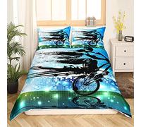 Ensemble de Housse de Couette pour garçons Dirt Bike Sport Ensemble de literie 200x200cm BMX Rider Silhouette Bleu Vert Extrême Vélo Literie 3 Pièces pour Enfants Hommes Microfibre