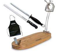Ensemble de jambon rotatif pliable en métal/bois + couteau à jambon alvéolé avec fusil + tablier noir Bricolemar offert (support ovale pliable rotatif + set couteau alvéolé et fusil)