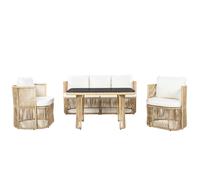 Ensemble de jardin 5-pièces PE-rotin, canapé 3-places, 2 fauteuils et table en verre, Beige+Noir+Blanc