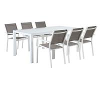 Ensemble de jardin avec table et 6 chaises en verre trempé et aluminium coloris beige, blanc --