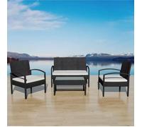vidaXL – Salon de jardin bas – Ensemble 4 pièces en résine tressée – Noir – Coussins inclus