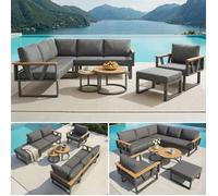 Ensemble de jardin exterieur, pieds réglables, socle en métal, 2 tables rondes empilables, pour balcon, espace piscine, gris, beige