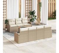 Ensemble de jardin modulaire en polyrotin beige crème 8 pièces - 3 sièges centraux, 4 canapés avec accoudoirs et table d'acacia, cadre en acier revêtu par pulvérisation, coussins