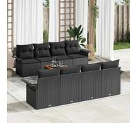 Ensemble de jardin modulaire en polyrotin et acacia 9 éléments avec coussins en rotin noir avec quatre sièges centraux, quatre canapés avec accoudoirs et table de jardin