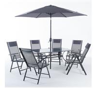 Ensemble de jardin POSITANO en aluminium et textilène, table 150x90 cm, 6 chaises inclinables, parasol, pour 6 personnes (Gris)