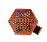 Ensemble de Jeu de société de Dames Chinoises-Planches de stratégie hexagonales en Bois de 13 Pouces de diamètre avec tiroir de Rangement, 60 Billes de Verre colorées,