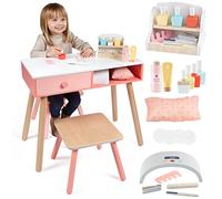 Ensemble de jeu en bois pour salon de manucure - Exécutez votre propre salon - Ensemble complet comprenant vernis à ongles, panier de beauté, lime, séchoir, chaise et tabouret - Sans désordre
