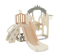 Ensemble de jeu multifonction 5-en-1 pour enfants avec balançoire, toboggan, échelle de grimpe, panier de basket et télescope, 157×145×121 cm, Marron + Blanc Antique