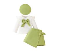 Ensemble de jogging pour enfant fille Big Bow Béret à manches longues et jupe en polaire Automne/Hiver Trois pièces, Vert clair., 9-12 mois