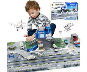 Ensemble de jouets en avion avec camions, hélicoptères, avions, panneaux et tapis de jeu d'aéroport, jouets interactifs d'apprentissage précoce pour tout-petits garçons et filles, excellent cadeau