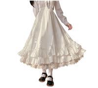Ensemble de jupe deux pièces pour femme couleur unie taille haute style japonais style Lolita mignon ourlet froncé jupes longues, Blanc., XXL