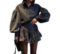 Ensemble De Jupes De Rencontres À Carreaux Rétro Élégant Et Chic Pour Femmes Chemise À Manches Longues À Manches Lanternes Et Jupe Courte À Volants Taille Haute Ensemble De 2 Pièces (Couleur 2,Grand)