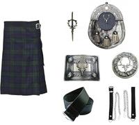 Ensemble de Kilt écossais Authentique avec Black Watch et tête de cerf Sporran, chaîne, Ceinture, Boucle, Broche et épingle (48" Pouces Tour de Taille navale)