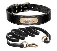 Ensemble de laisse personnalisé en cuir pour chien avec plaque gravée pour chiens de petite, moyenne et grande taille (noir, XXS (20 à 28 cm)