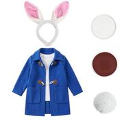 Ensemble de lapin aventureux pour enfants - Tenue de personnage littéraire 4 pièces - Comprend un manteau bleu avec boutons, un bandeau oreilles de lapin en peluche, une queue moelleuse et une