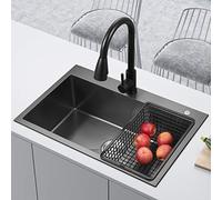 Ensemble de lavabo de cuisine à cuve unique avec distributeur de savon en acier inoxydable et robinet en acier inoxydable HM5545 Noir 53,3 cm