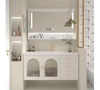 Ensemble de lavabo de salle de bain avec armoire à miroir, évier simple en bois massif avec portes à fermeture douce et robinet inclus