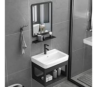 Ensemble de lavabo de salle de bain avec évier autoportant, lavabo mural flottant avec miroir, étagère ouverte, robinets d'eau chaude/froide, vidange complète incluse, meubles de salle de bain