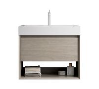 Ensemble de lavabo de salle de bain - Montage mural - Rectangulaire - En résine - Avant en bois massif - Corps multicouche - Aspect chêne - Tiroir à fermeture douce - Compartiment de rangement (chêne