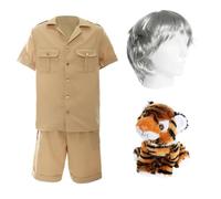 Ensemble de légende de la faune pour adulte - Tenue de naturaliste emblématique et de radiodiffuseur - Comprend un costume de safari kaki, une perruque argentée signature et un tigre en peluche