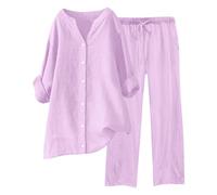 Ensemble de Lin d'Été Salopette Femmes Large D'Été Grande Taille Combinaisons de Gymnastique Décontracté Coton et Lin Élégant Chemise et Pantalon Confortable Jogging Respirant Ensemble Deux Pièces