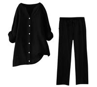 Ensemble de Lin Femmes 2 Pièces Pantalon Long D'été Combinaison Élégante Ensemble Décontracté Été Chemise et Pantalon Coton Complet Léger Confortable Combinaisons Curvy Grande Taille, 01 # noir, 3XL